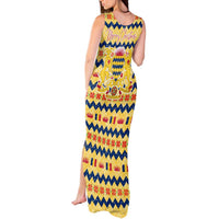 Chad Christmas Tank Maxi Dress with Yellow-Blue Geometric Design, National Coat of Arms, and Festive Motif - Wonder Print Shop