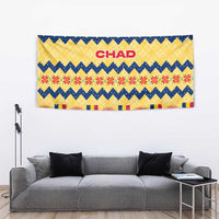 Chad Christmas Tapestry with Yellow-Blue Geometric Design, National Coat of Arms, and Festive Motif - Wonder Print Shop