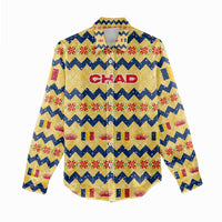 Chad Christmas Women Casual Shirt with Yellow-Blue Geometric Design, National Coat of Arms, and Festive Motif - Wonder Print Shop