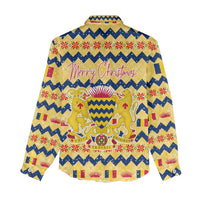 Chad Christmas Women Casual Shirt with Yellow-Blue Geometric Design, National Coat of Arms, and Festive Motif - Wonder Print Shop