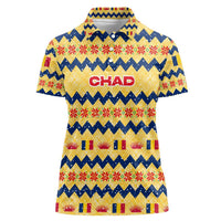 Chad Christmas Women Polo Shirt with Yellow-Blue Geometric Design, National Coat of Arms, and Festive Motif - Wonder Print Shop