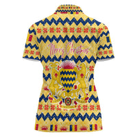 Chad Christmas Women Polo Shirt with Yellow-Blue Geometric Design, National Coat of Arms, and Festive Motif - Wonder Print Shop