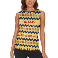 Chad Christmas Women Sleeveless Polo Shirt with Yellow-Blue Geometric Design, National Coat of Arms, and Festive Motif - Wonder Print Shop