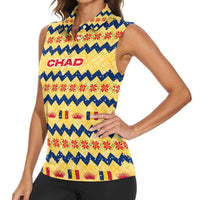 Chad Christmas Women Sleeveless Polo Shirt with Yellow-Blue Geometric Design, National Coat of Arms, and Festive Motif - Wonder Print Shop