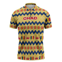 Chad Christmas Zipper Polo Shirt with Yellow-Blue Geometric Design, National Coat of Arms, and Festive Motif - Wonder Print Shop