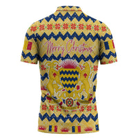 Chad Christmas Zipper Polo Shirt with Yellow-Blue Geometric Design, National Coat of Arms, and Festive Motif - Wonder Print Shop