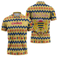 Chad Christmas Zipper Polo Shirt with Yellow-Blue Geometric Design, National Coat of Arms, and Festive Motif - Wonder Print Shop