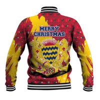 Chad Christmas Baseball Jacket with Red-Yellow Festive Pattern, National Coat of Arms, and Snowflake Accents - Wonder Print Shop