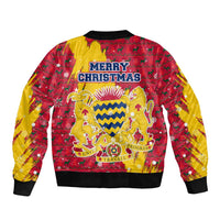 Chad Christmas Bomber Jacket with Red-Yellow Festive Pattern, National Coat of Arms, and Snowflake Accents - Wonder Print Shop