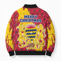 Chad Christmas Bomber Puffer Jacket with Red-Yellow Festive Pattern, National Coat of Arms, and Snowflake Accents - Wonder Print Shop
