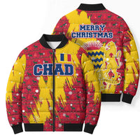 Chad Christmas Bomber Puffer Jacket with Red-Yellow Festive Pattern, National Coat of Arms, and Snowflake Accents - Wonder Print Shop