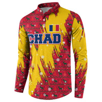 Chad Christmas Button Sweatshirt with Red-Yellow Festive Pattern, National Coat of Arms, and Snowflake Accents - Wonder Print Shop