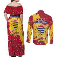 Chad Christmas Couples Matching Off Shoulder Maxi Dress and Long Sleeve Button Shirt with Red-Yellow Festive Pattern, National Coat of Arms, and Snowflake Accents - Wonder Print Shop