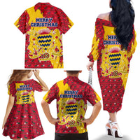 Chad Christmas Family Matching Off The Shoulder Long Sleeve Dress and Hawaiian Shirt with Red-Yellow Festive Pattern, National Coat of Arms, and Snowflake Accents - Wonder Print Shop