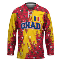 Chad Christmas Hockey Jersey with Red-Yellow Festive Pattern, National Coat of Arms, and Snowflake Accents - Wonder Print Shop