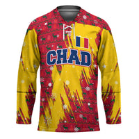 Chad Christmas Hockey Jersey with Red-Yellow Festive Pattern, National Coat of Arms, and Snowflake Accents - Wonder Print Shop