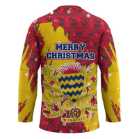 Chad Christmas Hockey Jersey with Red-Yellow Festive Pattern, National Coat of Arms, and Snowflake Accents - Wonder Print Shop