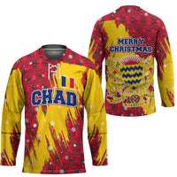 Chad Christmas Hockey Jersey with Red-Yellow Festive Pattern, National Coat of Arms, and Snowflake Accents - Wonder Print Shop