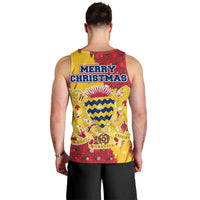 Chad Christmas Men Tank Top with Red-Yellow Festive Pattern, National Coat of Arms, and Snowflake Accents - Wonder Print Shop