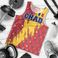 Chad Christmas Men Tank Top with Red-Yellow Festive Pattern, National Coat of Arms, and Snowflake Accents - Wonder Print Shop