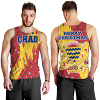 Chad Christmas Men Tank Top with Red-Yellow Festive Pattern, National Coat of Arms, and Snowflake Accents - Wonder Print Shop