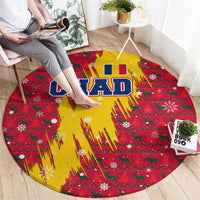 Chad Christmas Round Carpet with Red-Yellow Festive Pattern, National Coat of Arms, and Snowflake Accents - Wonder Print Shop