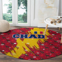 Chad Christmas Round Carpet with Red-Yellow Festive Pattern, National Coat of Arms, and Snowflake Accents - Wonder Print Shop