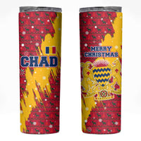 Chad Christmas Skinny Tumbler with Red-Yellow Festive Pattern, National Coat of Arms, and Snowflake Accents - Wonder Print Shop