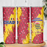 Chad Christmas Skinny Tumbler with Red-Yellow Festive Pattern, National Coat of Arms, and Snowflake Accents - Wonder Print Shop