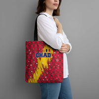 Chad Christmas Tote Bag with Red-Yellow Festive Pattern, National Coat of Arms, and Snowflake Accents - Wonder Print Shop