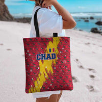 Chad Christmas Tote Bag with Red-Yellow Festive Pattern, National Coat of Arms, and Snowflake Accents - Wonder Print Shop