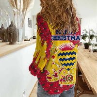 Chad Christmas Women Casual Shirt with Red-Yellow Festive Pattern, National Coat of Arms, and Snowflake Accents - Wonder Print Shop