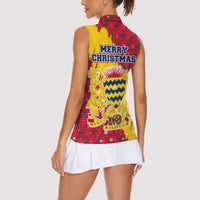 Chad Christmas Women Sleeveless Polo Shirt with Red-Yellow Festive Pattern, National Coat of Arms, and Snowflake Accents - Wonder Print Shop