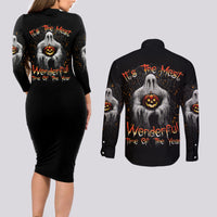 It's The Most Wonderful Time Halloween Couples Matching Long Sleeve Bodycon Dress and Long Sleeve Button Shirt - Wonder Print Shop