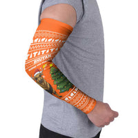 Bhutan Christmas Arm Sleeves with Takin Santa Hat Christmas Tree and Snowflake Pattern in Orange - Wonder Print Shop