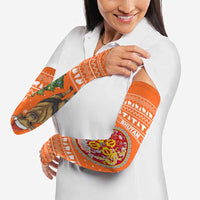 Bhutan Christmas Arm Sleeves with Takin Santa Hat Christmas Tree and Snowflake Pattern in Orange - Wonder Print Shop