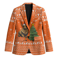 Bhutan Christmas Blazer with Takin Santa Hat Christmas Tree and Snowflake Pattern in Orange - Wonder Print Shop