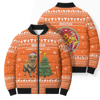 Bhutan Christmas Bomber Puffer Jacket with Takin Santa Hat Christmas Tree and Snowflake Pattern in Orange - Wonder Print Shop