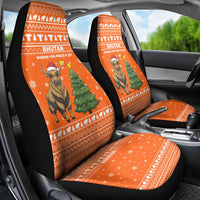 Bhutan Christmas Car Seat Cover with Takin Santa Hat Christmas Tree and Snowflake Pattern in Orange - Wonder Print Shop
