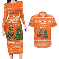 Bhutan Christmas Couples Matching Long Sleeve Bodycon Dress and Hawaiian Shirt with Takin Santa Hat Christmas Tree and Snowflake Pattern in Orange - Wonder Print Shop