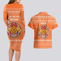 Bhutan Christmas Couples Matching Long Sleeve Bodycon Dress and Hawaiian Shirt with Takin Santa Hat Christmas Tree and Snowflake Pattern in Orange - Wonder Print Shop