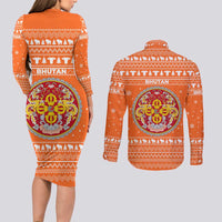 Bhutan Christmas Couples Matching Long Sleeve Bodycon Dress and Long Sleeve Button Shirt with Takin Santa Hat Christmas Tree and Snowflake Pattern in Orange - Wonder Print Shop