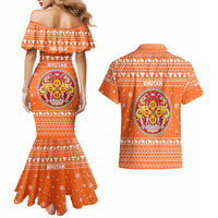 Bhutan Christmas Couples Matching Mermaid Dress and Hawaiian Shirt with Takin Santa Hat Christmas Tree and Snowflake Pattern in Orange - Wonder Print Shop