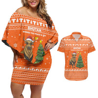 Bhutan Christmas Couples Matching Off Shoulder Short Dress and Hawaiian Shirt with Takin Santa Hat Christmas Tree and Snowflake Pattern in Orange - Wonder Print Shop