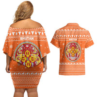Bhutan Christmas Couples Matching Off Shoulder Short Dress and Hawaiian Shirt with Takin Santa Hat Christmas Tree and Snowflake Pattern in Orange - Wonder Print Shop