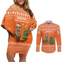 Bhutan Christmas Couples Matching Off Shoulder Short Dress and Long Sleeve Button Shirt with Takin Santa Hat Christmas Tree and Snowflake Pattern in Orange - Wonder Print Shop