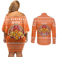 Bhutan Christmas Couples Matching Off Shoulder Short Dress and Long Sleeve Button Shirt with Takin Santa Hat Christmas Tree and Snowflake Pattern in Orange - Wonder Print Shop