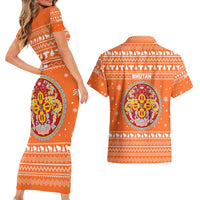 Bhutan Christmas Couples Matching Short Sleeve Bodycon Dress and Hawaiian Shirt with Takin Santa Hat Christmas Tree and Snowflake Pattern in Orange - Wonder Print Shop