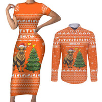 Bhutan Christmas Couples Matching Short Sleeve Bodycon Dress and Long Sleeve Button Shirt with Takin Santa Hat Christmas Tree and Snowflake Pattern in Orange - Wonder Print Shop