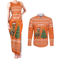 Bhutan Christmas Couples Matching Tank Maxi Dress and Long Sleeve Button Shirt with Takin Santa Hat Christmas Tree and Snowflake Pattern in Orange - Wonder Print Shop